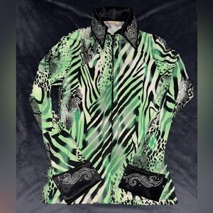 Stylish Green Patterned Women's Button Down Shirt